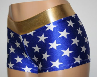 Blue Star Superhero Booty Shorts.  Choose Mid Rise or High Waist.  Great for Halloween, Cosplay, Independence Day, Dance and More!!