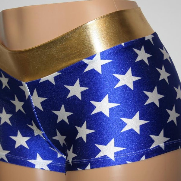 Blue Star Superhero Booty Shorts.  Choose Mid Rise or High Waist.  Great for Halloween, Cosplay, Independence Day, Dance and More!!