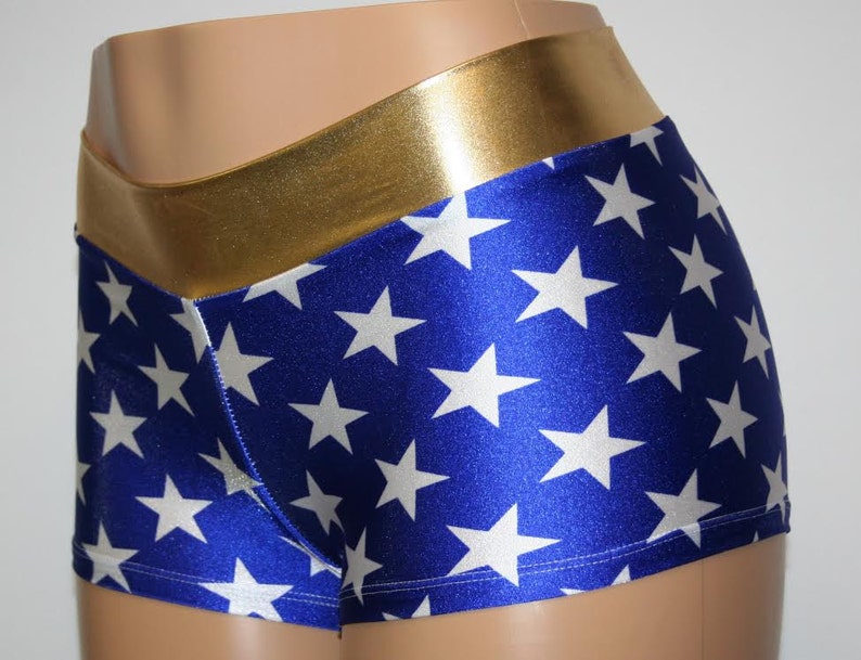 Blue Star Superhero Booty Shorts.  Choose Mid Rise or High Waist.  Great for Halloween, Cosplay, Independence Day, Dance and More!! 