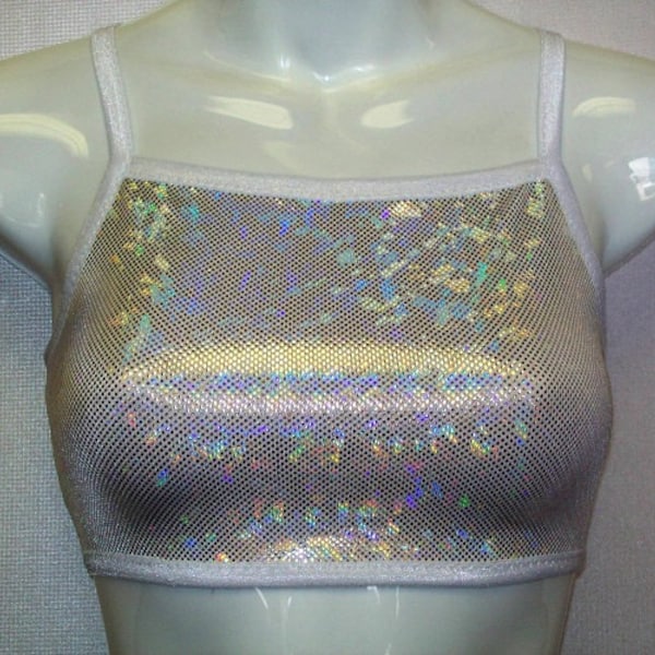 Sports Bra Top 16 Colors Shattered Glass Hologram Crop Dance Cheer Gym Volley Roller Derby Sparkle Stretch Spandex Shiny