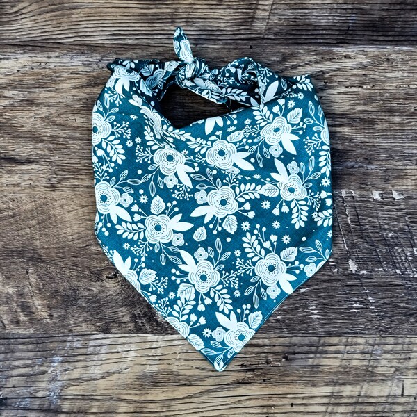 Dog Bandana Modern Farmhouse Heritage Teal Floral / Spring Summer Dog Bandana / Boho Dog / Tie on Dog Scarf / Floral Dog Bandana