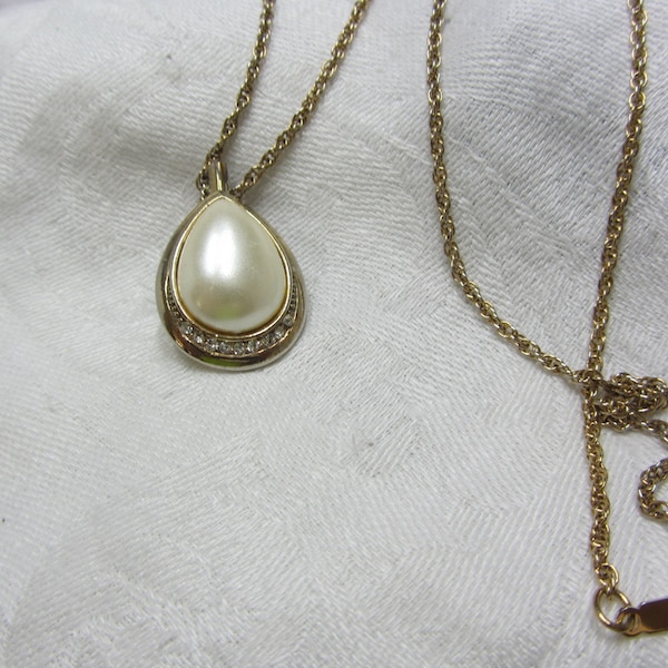 Krementz Gold Tone Necklace with Removable Teardrop Faux Pearl and Clear Rhinestone Pendant