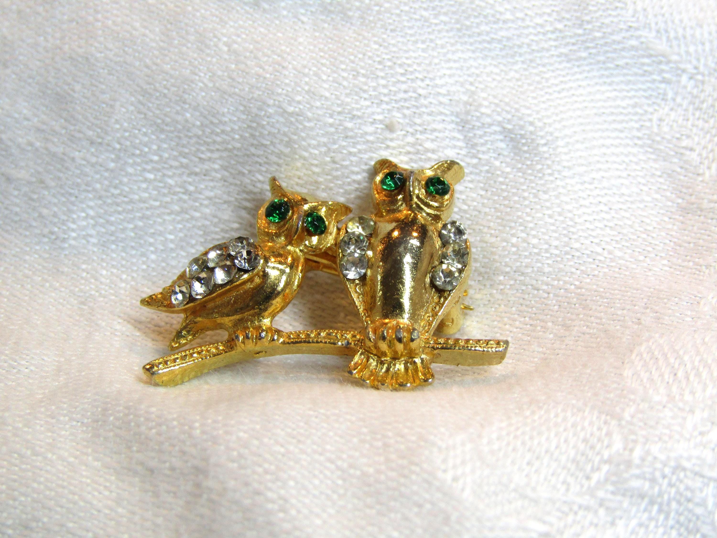 Vintage Small Duo of Gold Finish Owls on Branch with Clear Rhinestones Brooch
