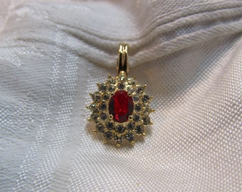 ROMAN Ruby Rhinestone and Multi-Tiered Clear Rhinestone Encrusted Frame Pendant with Hinged Clasp