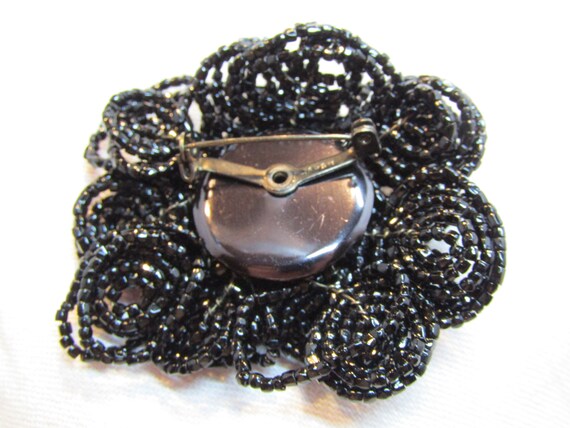 Black Glass Bead Rose Brooch Marked "Japan" - image 2