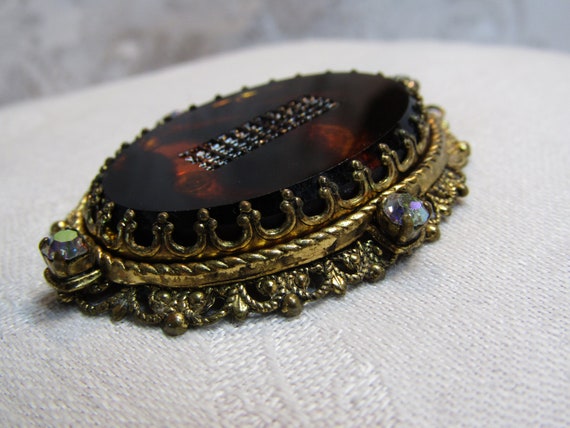 Faux Tortoise Shell Pendant: Gold Tone Filigree With AB