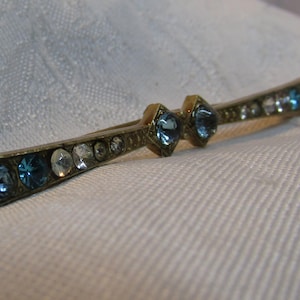 Edwardian Era Brass Collar Pin with Blue and Clear Rhinestones Made in CZECH - C Clasp