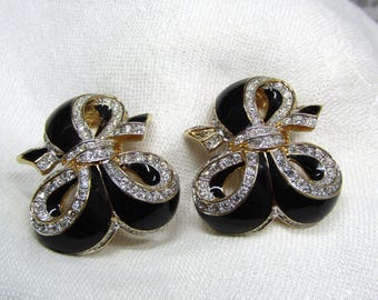 Vintage JACOBSONs örhängen med svart emalj och klar strass i guldfinish - Pristine