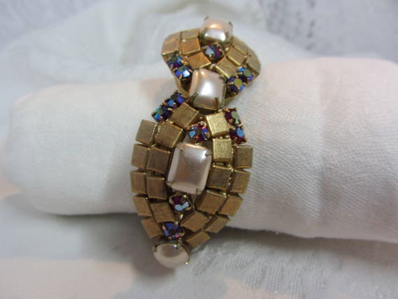 Vintage Art Deco Hinge Cuff Bracelet with AB Rhin… - image 4