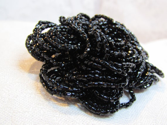 Black Glass Bead Rose Brooch Marked "Japan" - image 3