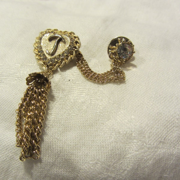 Ballou Gold Tone and Rhinestone "T" or "J" Initial Tie Tack and Pin on Chain