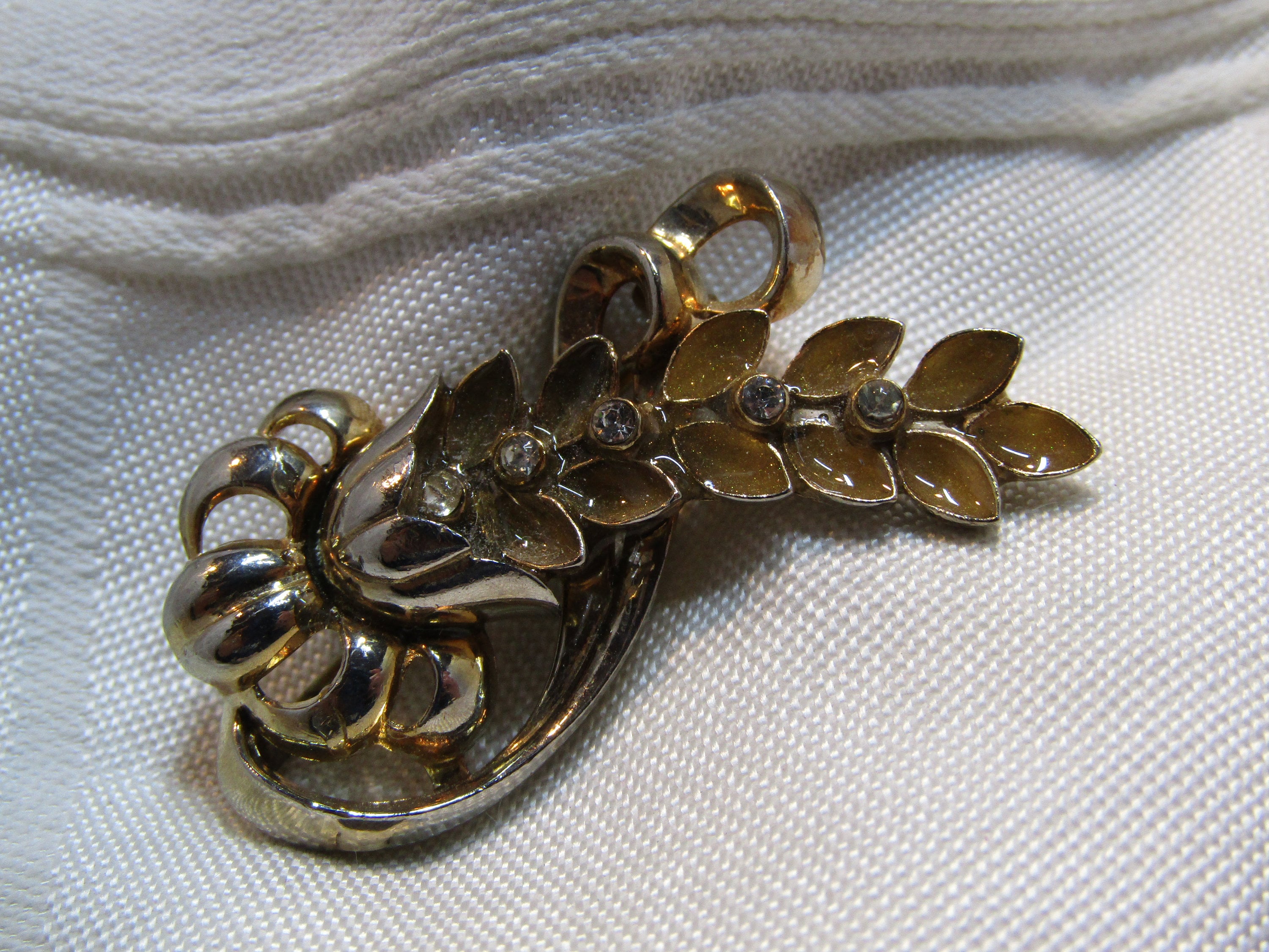 Broche Vintage Deux Tulipes - Métal Doré Avec émail Translucide Bleu Et Vert - Occasion
