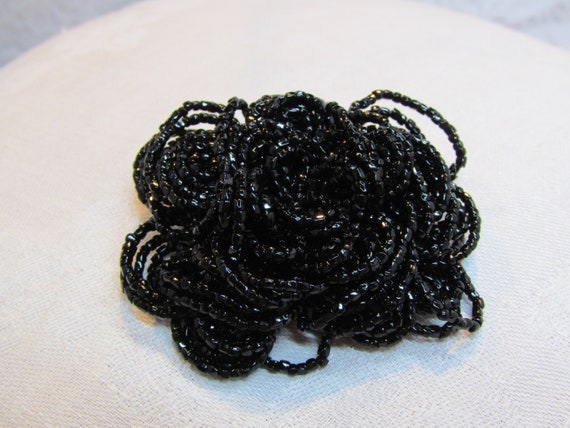 Black Glass Bead Rose Brooch Marked "Japan" - image 5