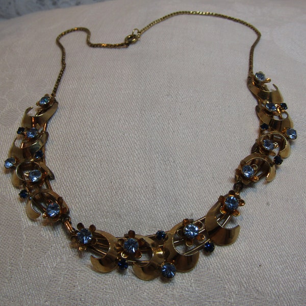 Vintage VAN DELL Gold Filled Gold Choker with Light Blue Rhinestones Necklace