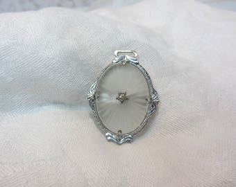 Vintage Carved Opaque Celluloid and Silver Tone Pendant/Buckle