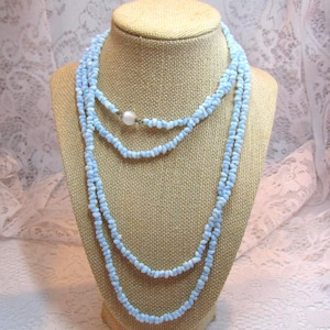 Light Blue Glass Beaded Long Necklace: Moon Glow Clasp