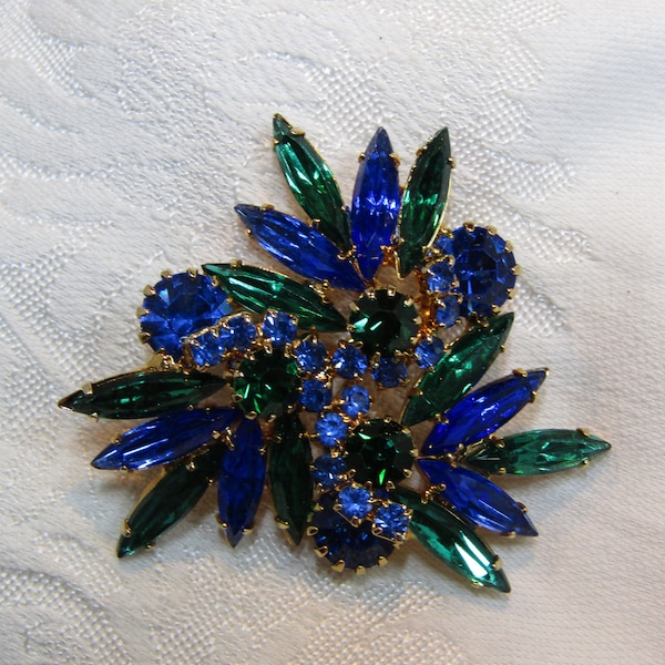 Vintage High-Quality Unsigned Beauty -  Blue and Green Rhinestone Gold Tone Pronged Setting Brooch