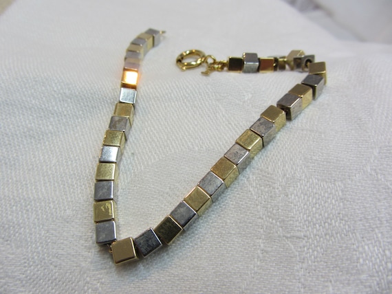 Crown Trifari Gold Tone and Silver Tone Cube Bead… - image 1