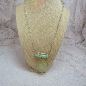 OOAK Light Green Beaded Resin Pendant Necklace - Sterling Silver Chain