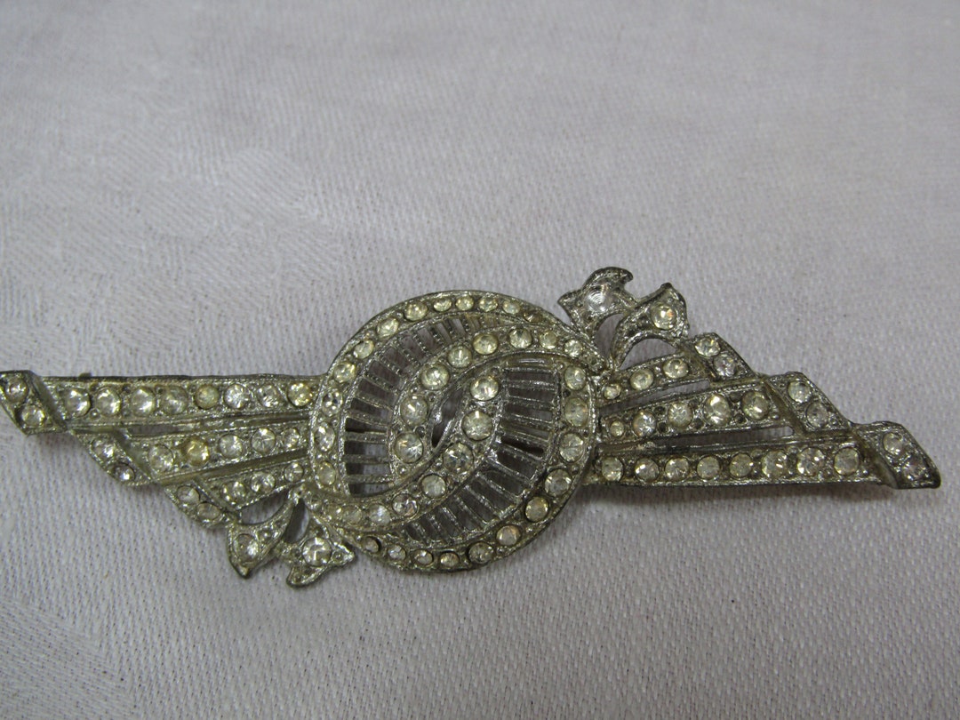Vintage Art Deco White Metal and Clear Rhinestone "wings" Brooch - Etsy