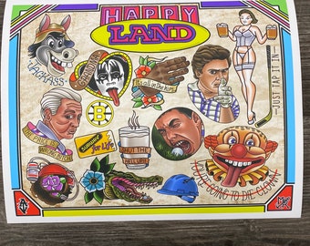 May include: A colorful illustration of a tattoo flash sheet with various images including a donkey, a clown, a golfer, a woman in a bikini, a KISS band member, a crocodile, a baseball cap, and a glass of milk. The text on the sheet reads "Happy Land", "Jackass", "Grandma", "Subway for Life", "Shut the Hell Up", "It's all in the hips", "You're going to die clown", and "Just tap it in".
