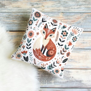 Scandinavian Fox Print Folk Art Pillow, Folk Art Floral Design Throw Pillow, Hygge Woodland Nursery Decor,  Baby Shower Gift, Fox Pillow