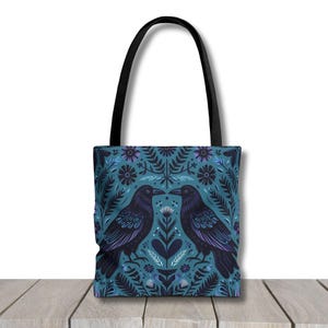 Bolsa de mano Raven de Forestcore en turquesa, bolsa reutilizable Crow, bolsa Aqua Farmer's Market, estética gótica Crowcore negra