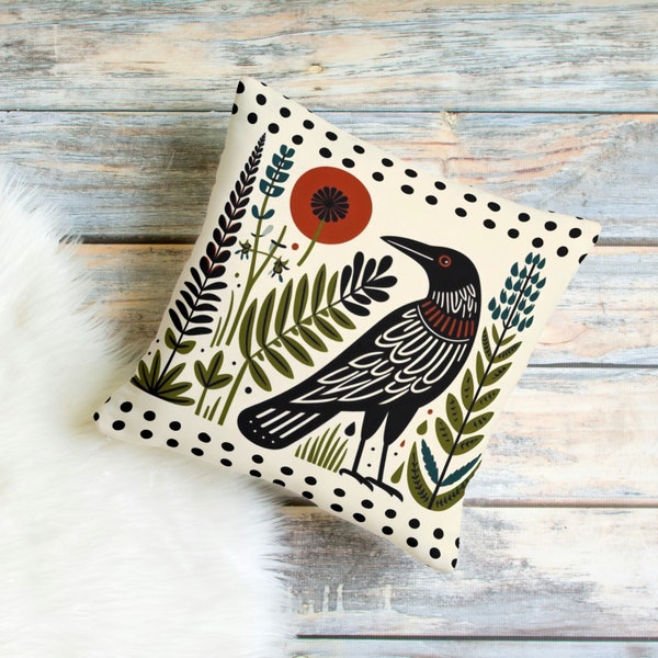 Minimalist Raven Pillow: Mid-Century Modern Scandinavian Folk Art