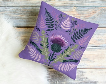 Purple Thistle Flower Throw Pillow, Minimalist Folk Art Style Decorative Cushion