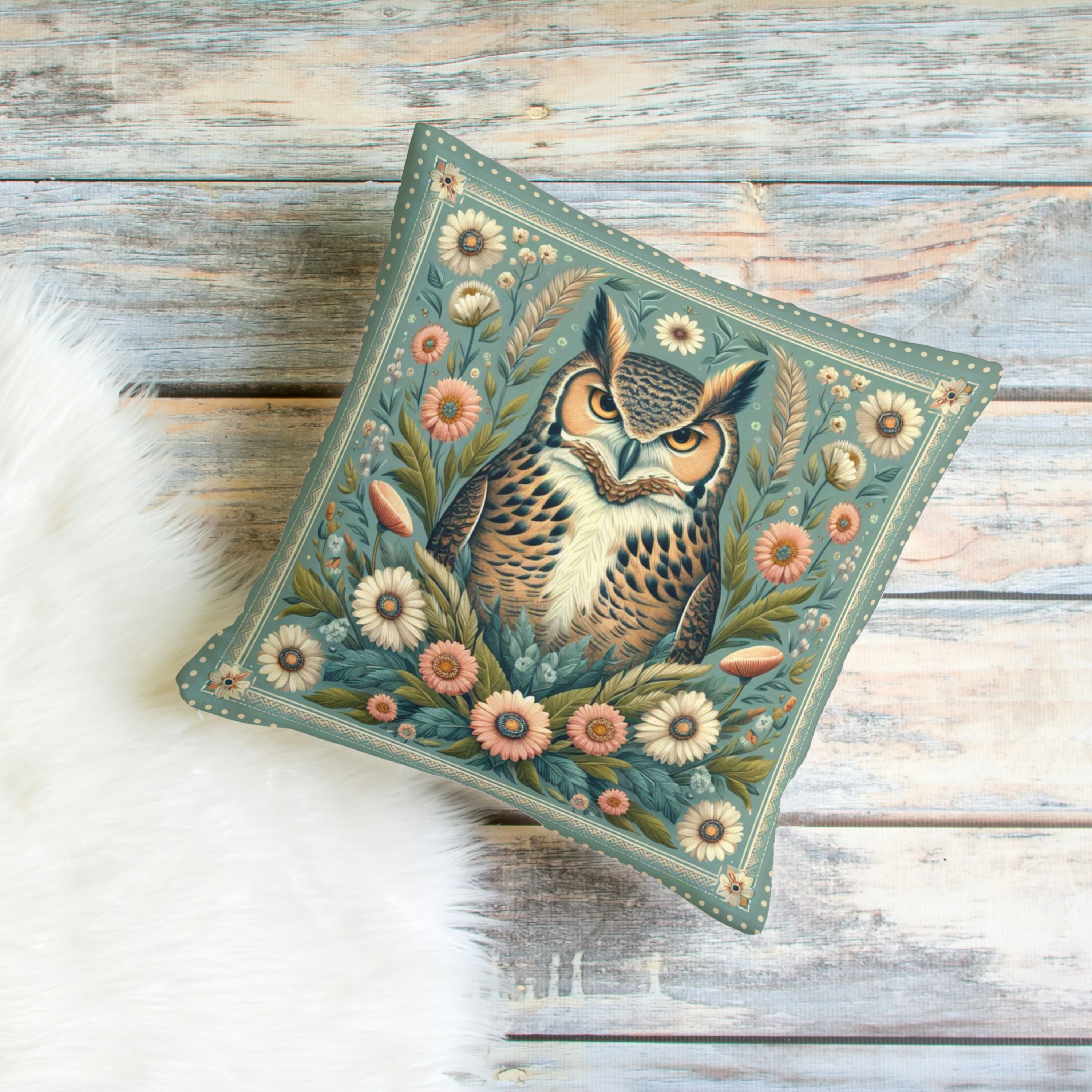 Floral Owl Pillow, Whimsical Woodland Animal Throw Pillow, Sage Green Cottagecore Home Decor