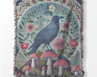 Woven Raven Blanket: Cottagecore Mushroom Design, Forestcore Throw