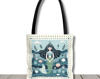Folk Art Mermaid Tote Bag: Whimsical Sea Maiden, Floral Ocean Theme