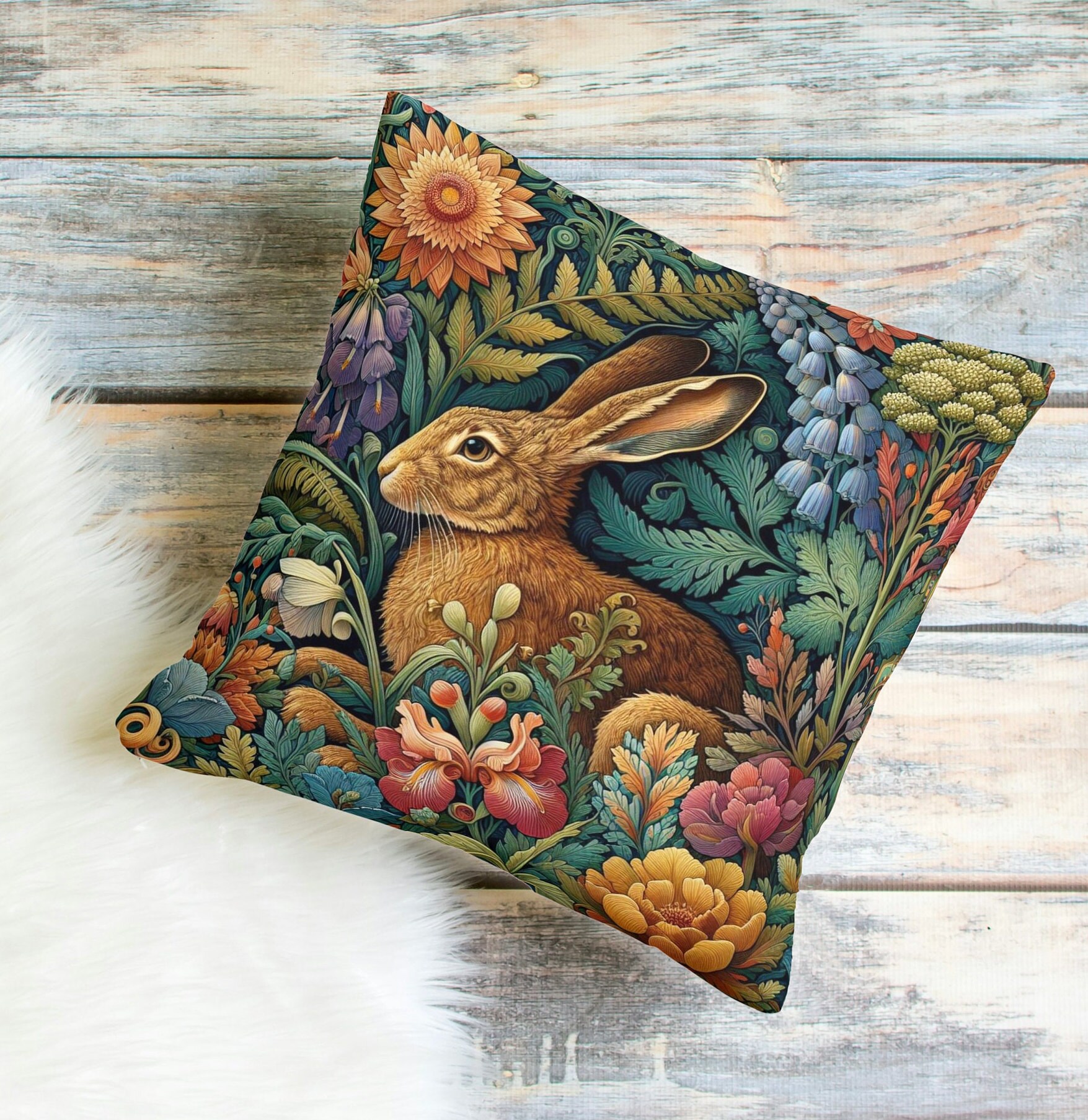 Floral Rabbit Pillow, William Morris Style Rabbit and Flower Throw ...