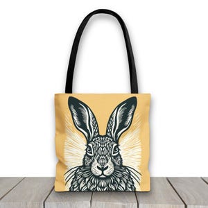 Rabbit Tote Bag, Scandinavian Folk Art Hare,  Farmer&#39;s Market Satchel, Reusable Grocery Bag, Minimalist Book Bag, Nature Inspired Handbag