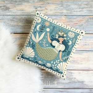 Folk Art Mermaid Pillow, Child&#39;s Bedroom Decor, Ocean Theme Princess Bedding, Kid&#39;s Room Decorative Pillow