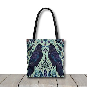 Forestcore Raven Tote Bag, Crow Canvas Reusable Bag, Farmer&#39;s Market Sack, Dark Academia Crowcore Accessory