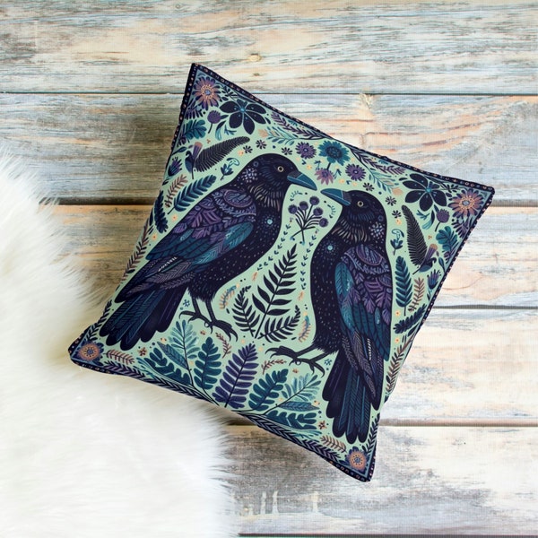 Forestcore Raven Throw Pillow: Whimsical Gothic Home Decor