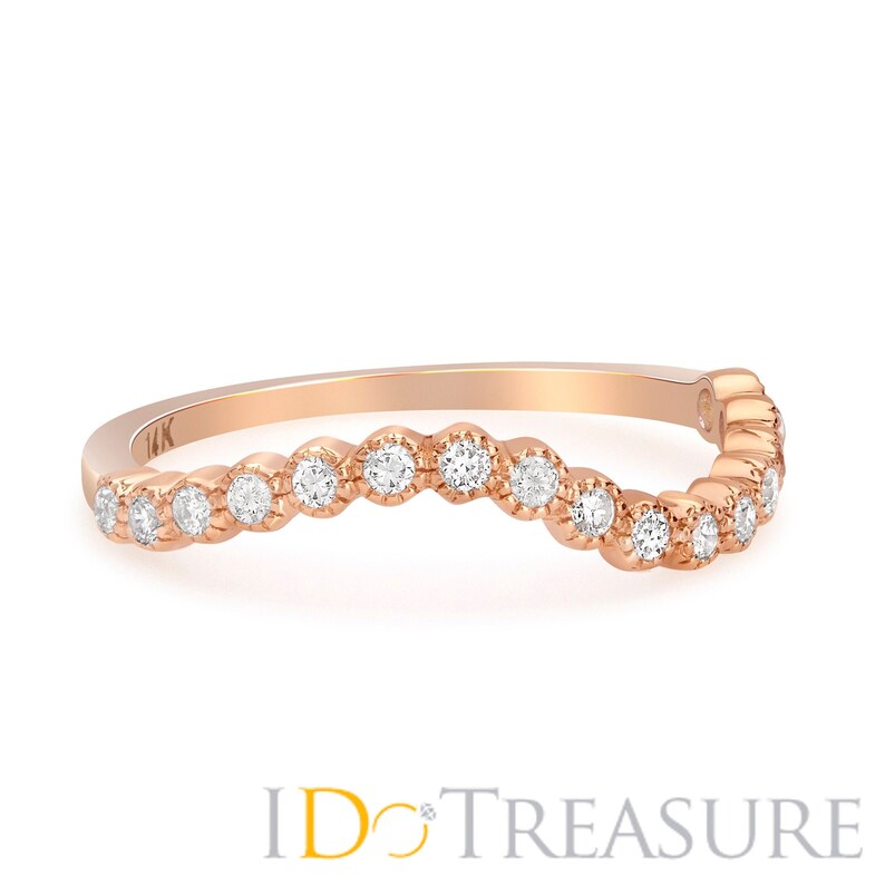 Pink Rose Contoured Millgrain Bezel Set Round Brilliant Diamond Half Eternity Stack Wedding Band Ring in 14K White or Yellow Gold