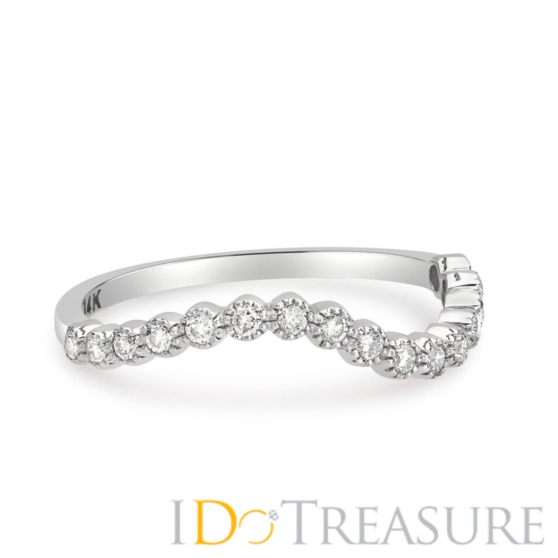 Pink Rose Contoured Millgrain Bezel Set Round Brilliant Diamond Half Eternity Stack Wedding Band Ring in 14K White or Yellow Gold