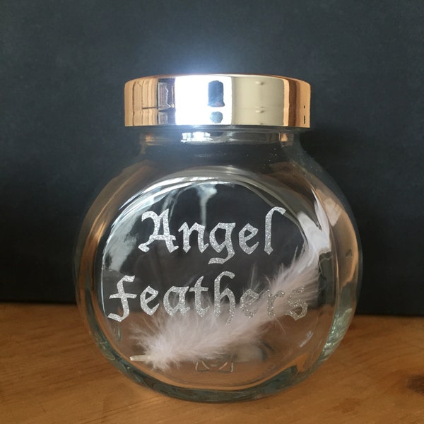 Small Angel Feather Memory Glass Jar. White Feather, Silver Glitter Vinyl Lovely Gift