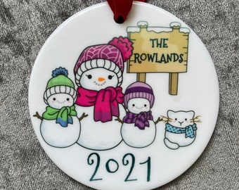 Snowfamily Personalised Ceramic Christmas Tree Ornament Bauble, snowman