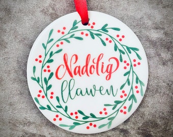 Welsh Wales Christmas Tree Ceramic Ornament Bauble Nadolig Llawen Free UK Delivery