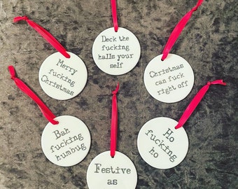 Funny swearing adult rude ceramic Christmas tree ornament bauble Free UK Delivery