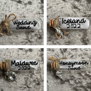 Personalised Honeymoon Wedding Sand Cute Glass Bottle Memento. Cork Stopper, Shell charm and twine