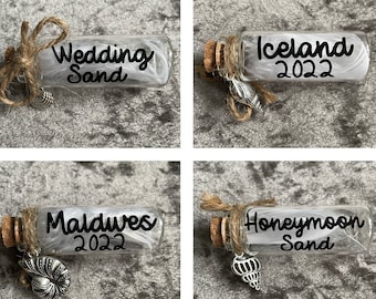 Personalised Honeymoon Wedding Sand Cute Glass Bottle Memento. Cork Stopper, Shell charm and twine