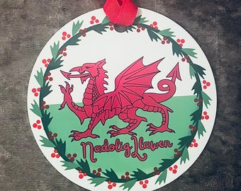Welsh Wales Christmas Tree Double Sided Ceramic or Metal Ornament Bauble Nadolig Llawen Free UK Delivery