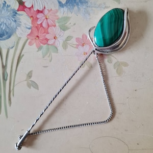 French Art Nouveau 925 Silver and Malachite Jabot Lapel Pin c1900