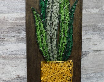 Plant String Art on Jacobean Wood (5"x14"), Yellow Potted Plant