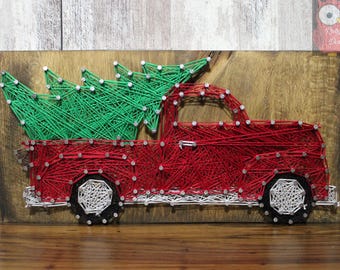 Christmas Tree Truck String Art Sign: Jacobean Stained Wood (6"x12")