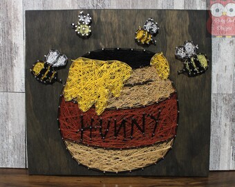 Hunny String Art Sign: Jacobean Stained Wood (12"x14"), Winnie the Pooh Inspired